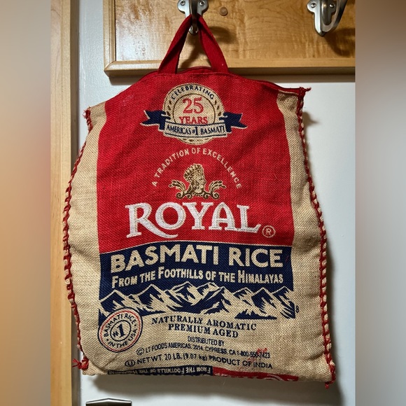 ROYAL BASMATI Empty Rice BURLAP Bag RED Handles & Zipper / Purse Tote Sack Craft - Picture 5 of 16